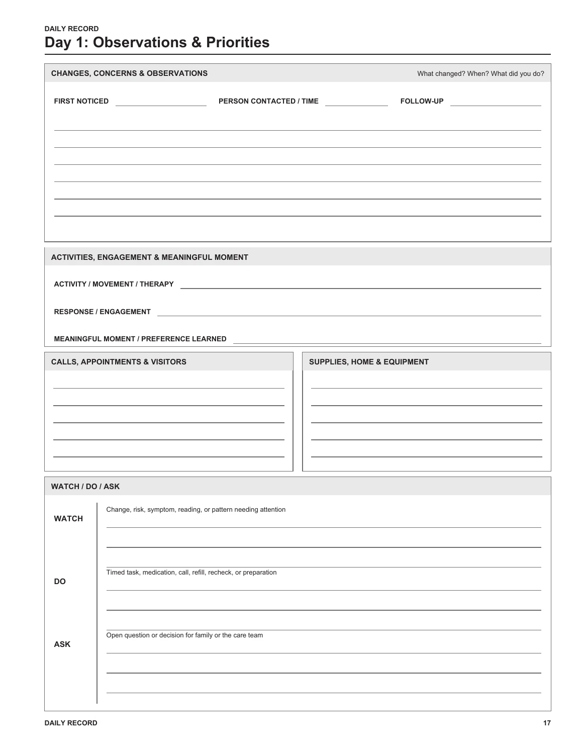 The Caregiver Daily Log, interior page 17