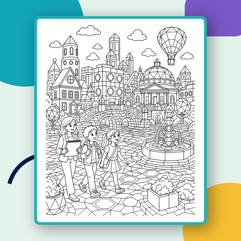 Geometry city coloring-page sample